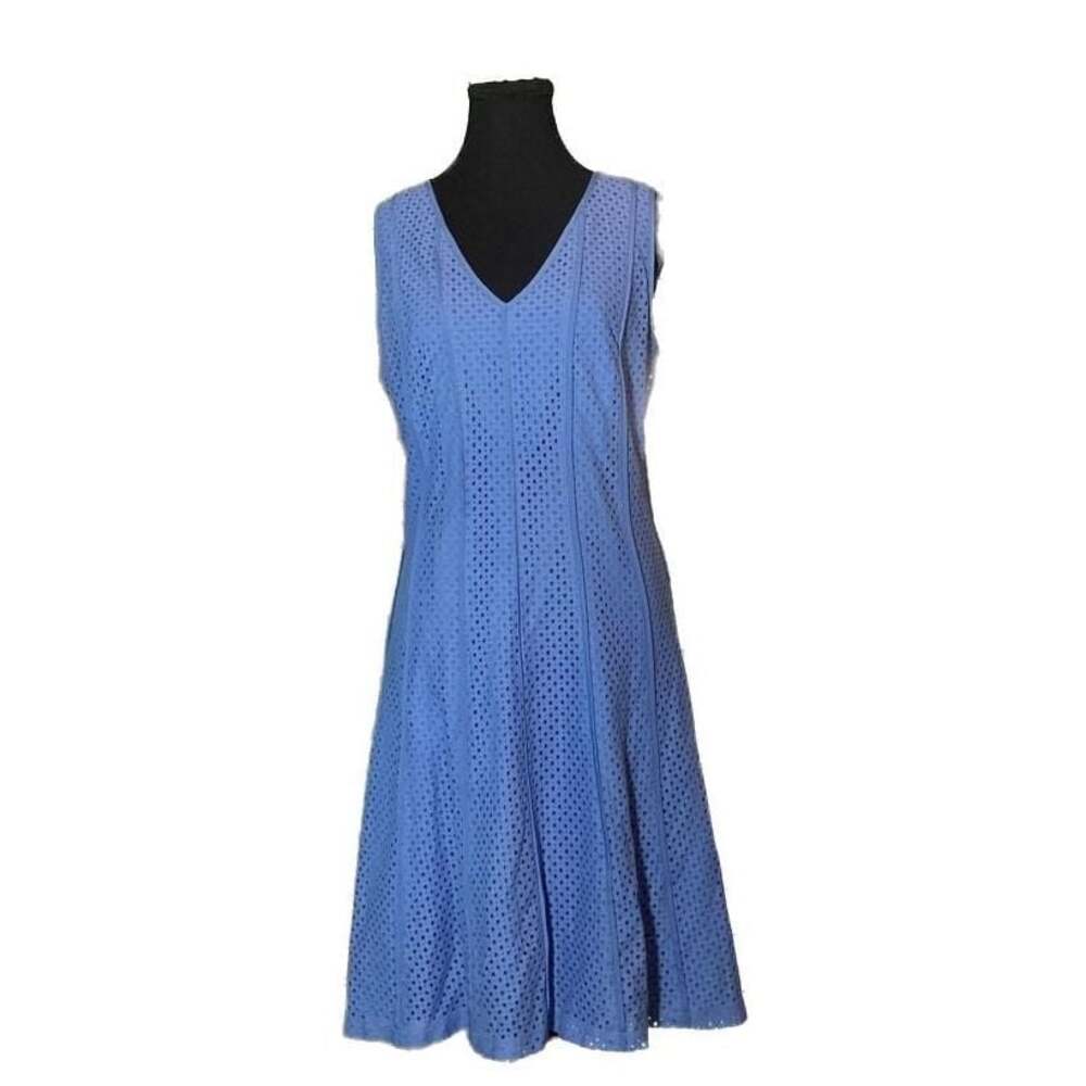 Ann Taylor Blue Eyelet Sleeveless Midi Dress, V-Neck A-Line, Size 8